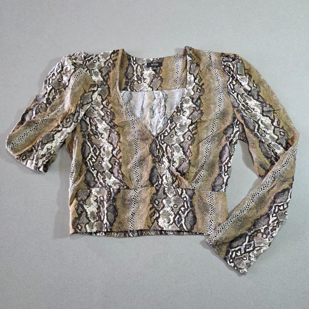 AFRM Womens Snakeskin Print V-Neck Wrap Top Brown Tan Long Sleeve Size Large